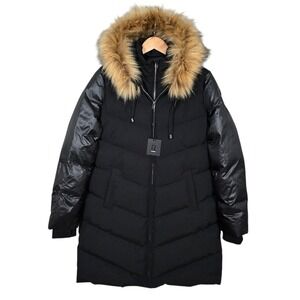 NWT Rudsak Women's Klara Black Duck Down Long Parka Coat Faux Fur Trim Hood L